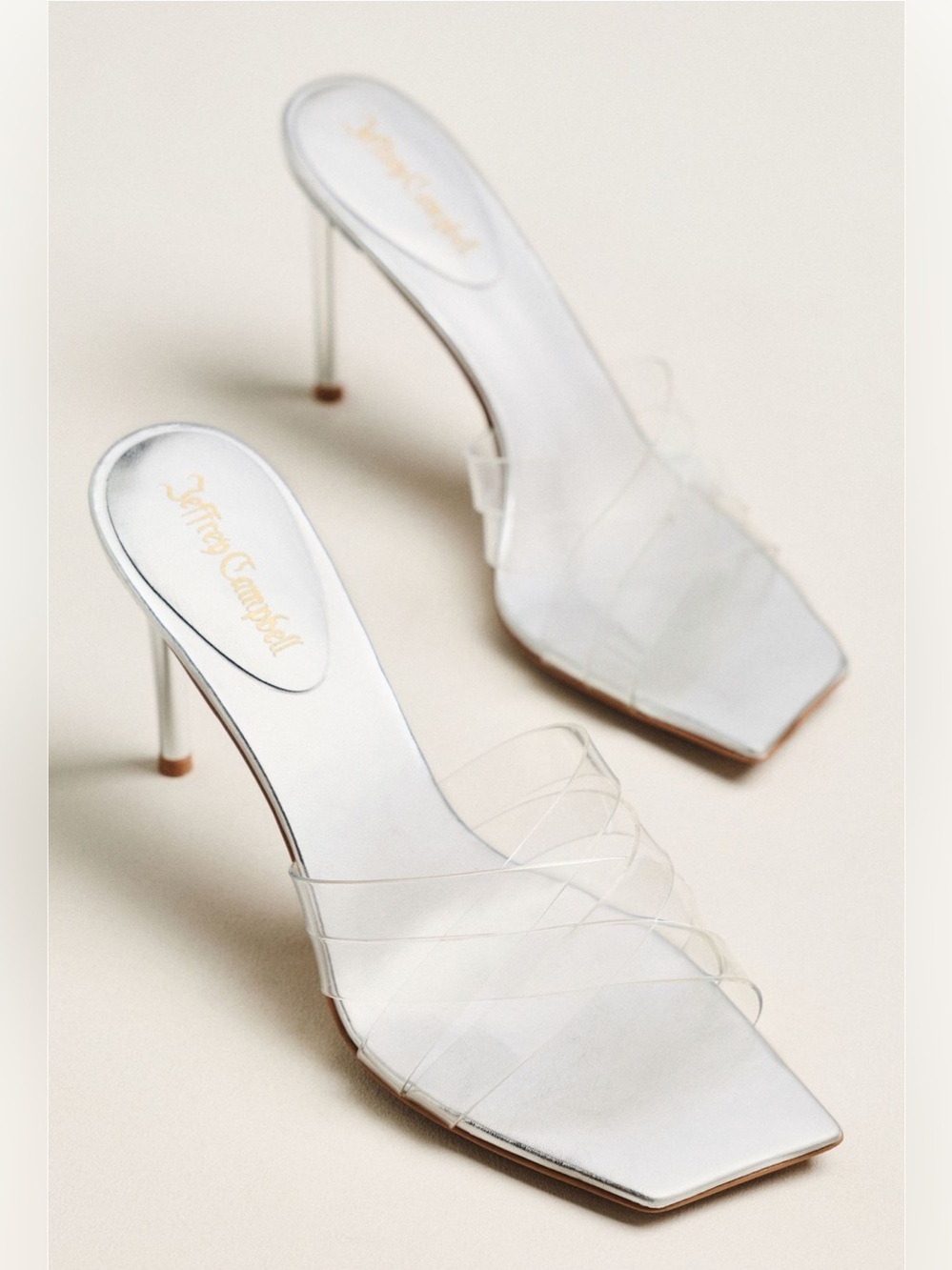 Jeffrey Campbell Clear Strappy White Silver Stiletto Mules